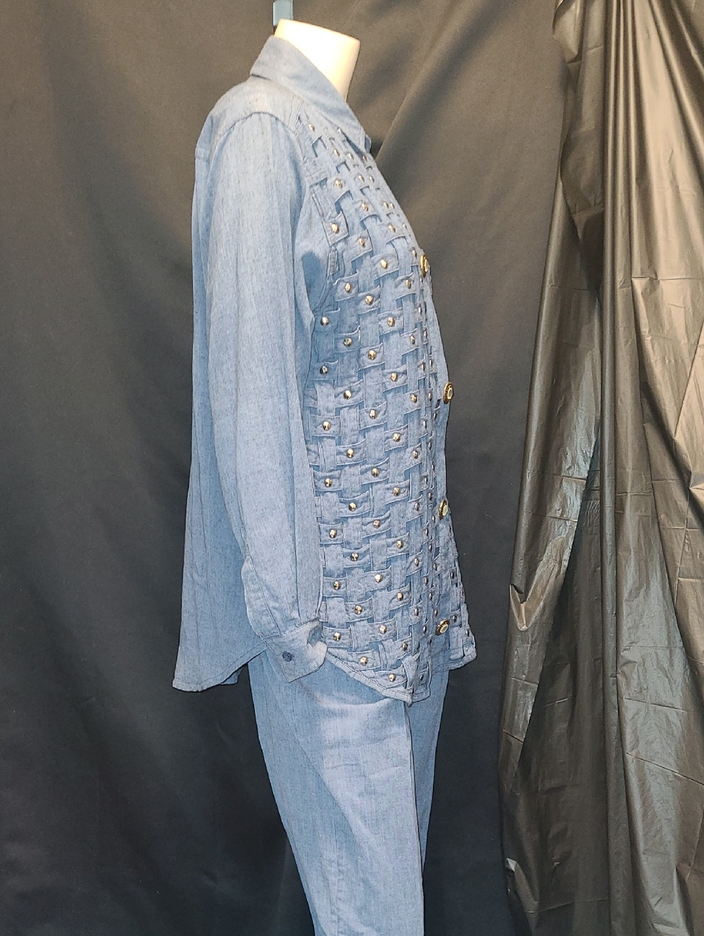 VINTAGE Blue Woven-Detail 3PC PANT SUIT - Picture 5 of 15